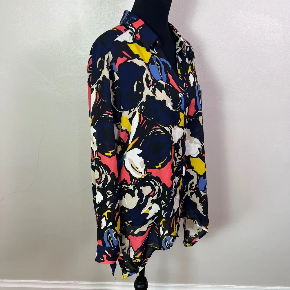 Dana Buchman Womens XL Abstract Floral Button Up Blouse Multicolor Long Sleeve - Picture 4 of 9